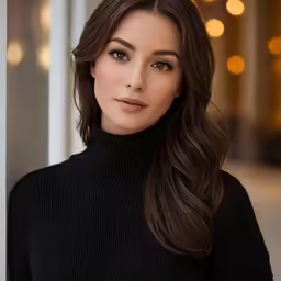 a woman poses in front of a wall