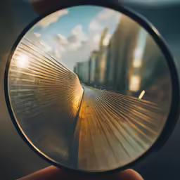 a hand holding a magnifying glass looking at buildings