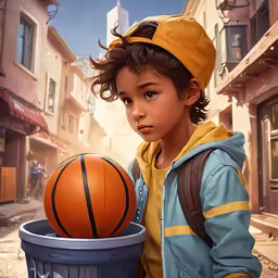 a child holds an orange basketball while wearing a yellow hat