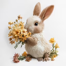 a toy rabbit is smelling a bunch of flowers