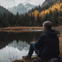 a man sitting at the edge of a mountain lake looking towards the woods
