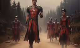 there are men wearing costume walking down the street