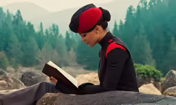 a woman in black and red dress sitting on rocks reading