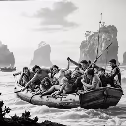 a large group of people in a raft on the ocean