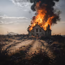 an abandoned house on fire in a field