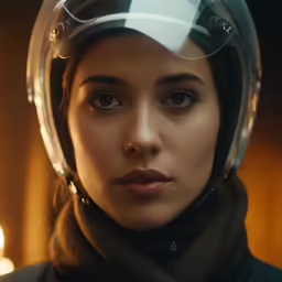 a woman is wearing a motorcycle helmet and a scarf