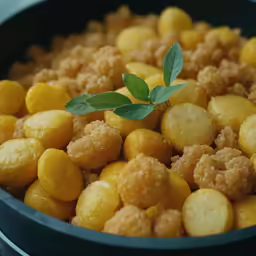 the bowl is full of croutons with the leaves on top