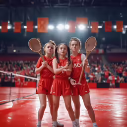 three girls in red uniforms pose for a picture with tennis rackets