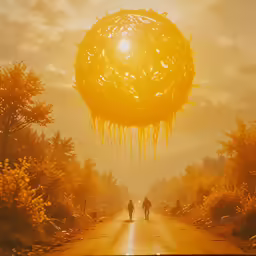 two people are walking down a road towards a giant object