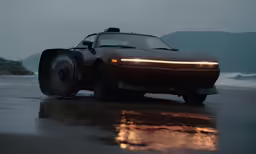 a sports car has its hood up and lights on