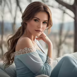 the beautiful woman is posing on the couch in her dress
