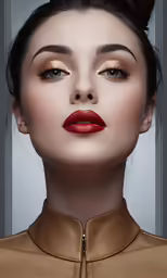 an asian woman with red lips wearing gold