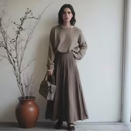 woman wearing skirt standing in front of a plant