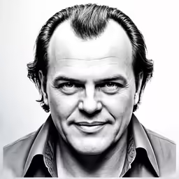 a black and white photo of a man with brown hair