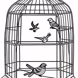an illustration of three birds in a cage,bird inside of a cage with two birds inside