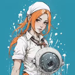 a anime woman with a large object in her hand