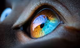 a yellow and blue iris reflected in a persons eye