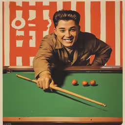 a man poses with his pool stick and billiards