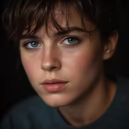 a close up of a woman wearing blue eyes