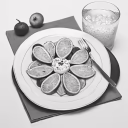 a plate of fruit next to a glass