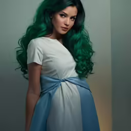 a woman with green hair is posing
