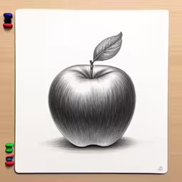 pencil drawing of an apple with leaf,an apple drawing on a white paper, with colored markers next to it