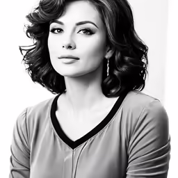 a woman posing for a photo with her hair styled up