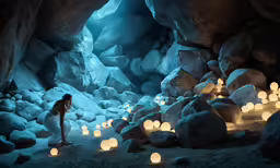 an attractive young woman in white dress standing near rocks and lanterns
