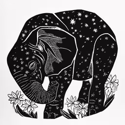 an elephant in black and white with some flowers,an elephant stands with its trunk in a flower