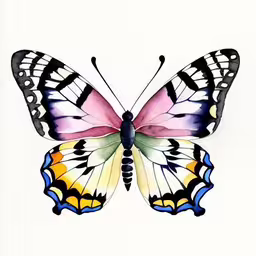 a colorful butterfly sits on a white background,a painting of a butterfly with colorful wings,a butterfly with large colorful wings and yellow stripes,the colorful butterfly is sitting on top of a white surface,a colorful butterfly sits on a white background