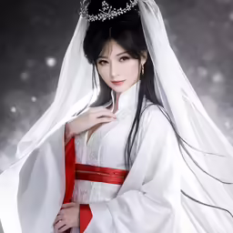 an oriental bride poses in her white wedding dress