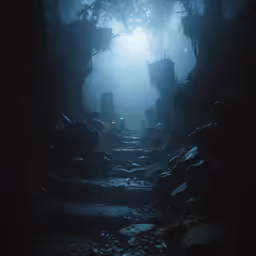 the foggy cave entrance to a path through some trees