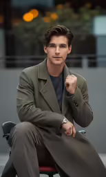 a man in a brown coat sits on a red chair