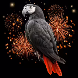 the parrot is perched on the branch with fireworks in the background