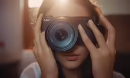 a woman holding up a camera with a lens over her eyes