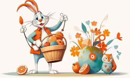 an easter bunny with carrots and a basket in front of flowers