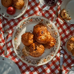 several baked goods are set on plates and under an umbrella