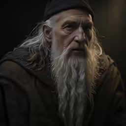 a man with long white hair and beard, wearing a black cap