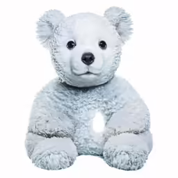 a white stuffed bear with a black nose and eyes