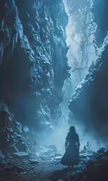 a cave with mist and a person standing in the dark