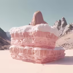 a sculpture made out of ice cubes stands in front of a mountain range