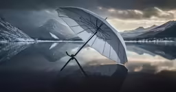 an umbrella sitting on top of a lake under cloudy skies