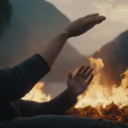 the man is holding out his hand over a fire