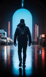a man walking under a tunnel covered in traffic