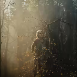 a woman in the woods wearing a green dress