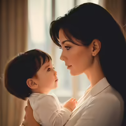 the woman holds a baby in her arms