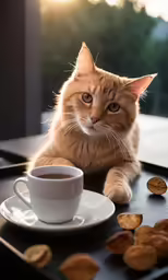 a cat is laying on the edge of a table near a cup of coffee