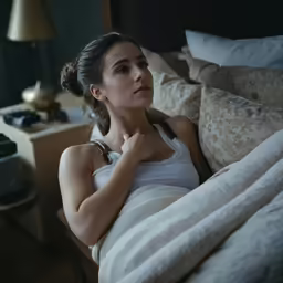 the woman is sitting on her bed alone