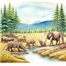 a painting of several elephants walking in the field next to a stream,a herd of elephants is near a stream