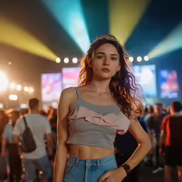 a woman standing in front of a crowd of people